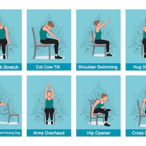 24 Chair Yoga Poses for Beginners All Ages Flashcard Cards Sauna Stretch Chart 30 Day Workout Challenge PDF Exercise Home Physical Therapy