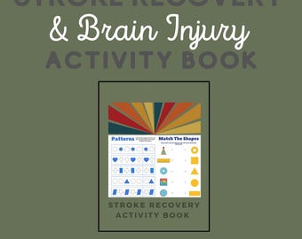 Può includere: Un libro di attività colorato con un design retrò a forma di sole. La copertina presenta il testo "STROKE RECOVERY & Brain Injury ACTIVITY BOOK" e "Tracing, Motor & Cognitive Activity Book". Il libro include attività come l'abbinamento di forme e modelli.