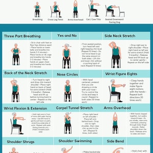 May include: A colourful infographic with illustrations of people sitting in chairs performing different yoga poses. The infographic is titled "Chair Yoga Pose Instructions 1" and includes descriptions of each pose, such as "Three Part Breathing", "Yes and No", "Side Neck Stretch", "Back of the Neck Stretch", "Nose Circles", "Wrist Figure Eights", "Wrist Flexion & Extension", "Carpel Tunnel Stretch", "Arms Overhead", "Shoulder Shrugs", "Shoulder Swimming", and "Side Bend".