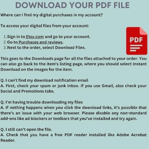 May include: A blue and white text-based graphic with the title "Download Your PDF File" and instructions on how to find and download digital purchases on Etsy.com. The graphic also includes a PDF icon.