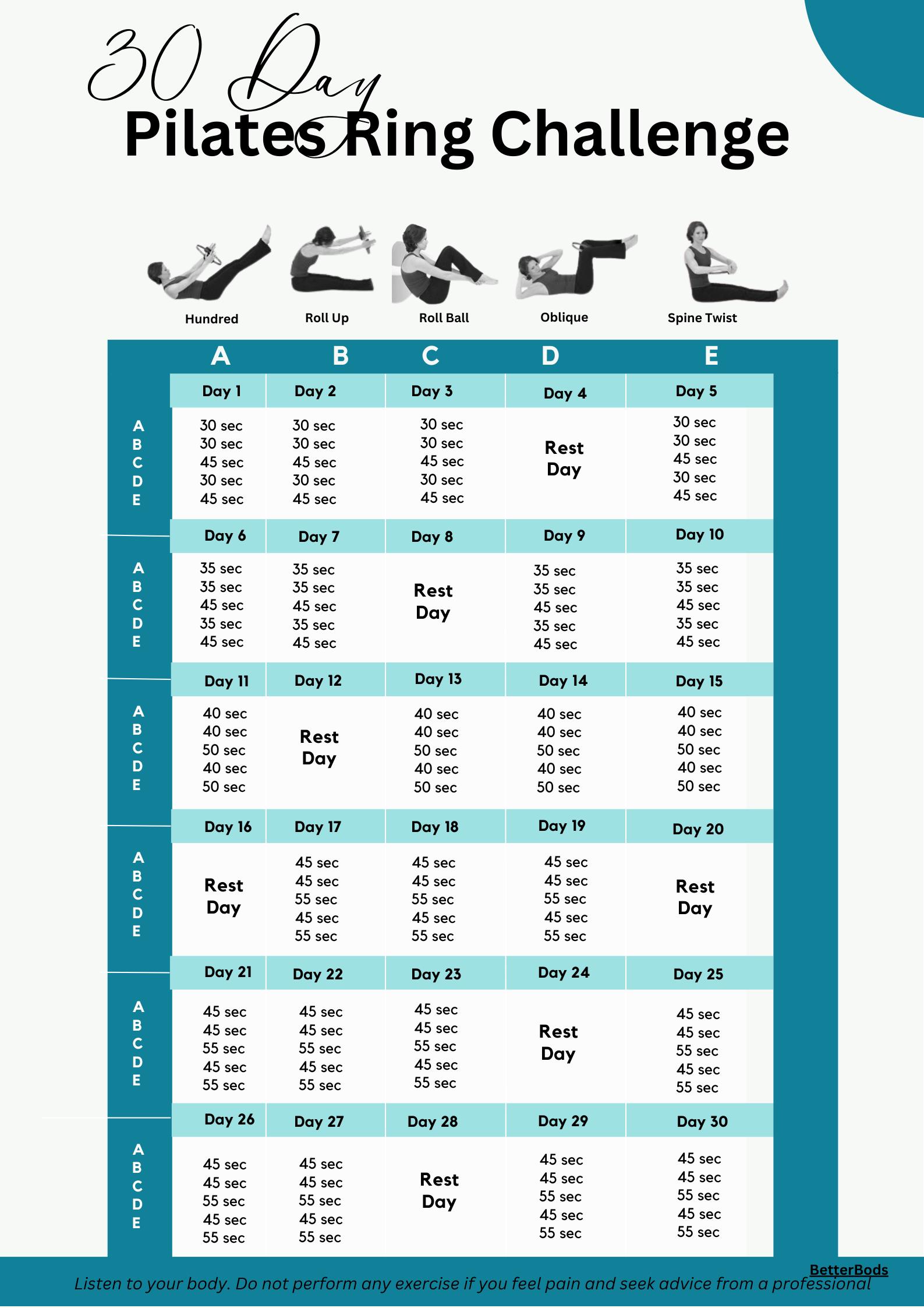 30 Day Pilates Ring Workout Challenge Stretch Balance Printable Home Workout Physical Therapy Challenge Fitness Exercises PDF Guide Download