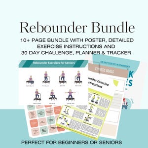 May include: A bundle of fitness materials, including a poster, detailed exercise instructions, and a 30-day challenge planner. The bundle features illustrations of rebounder exercises for seniors and other fitness routines. Text on the materials includes "Fitness Goals".