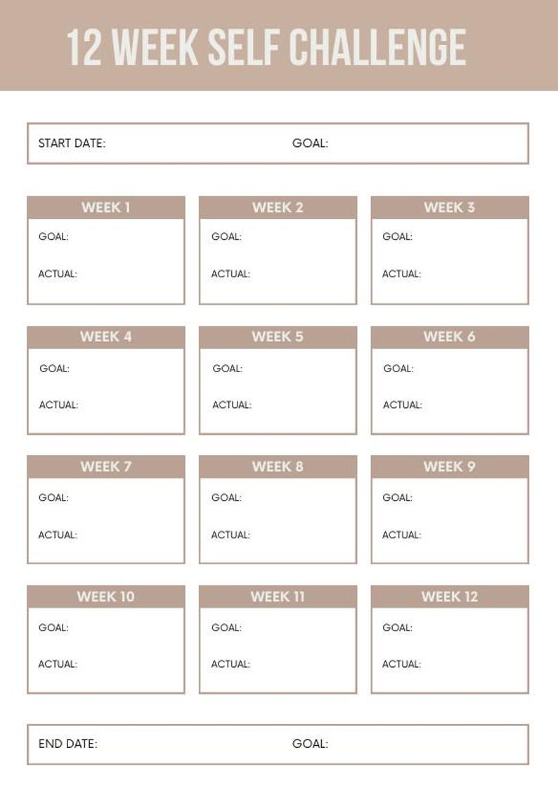 May include: A printable 12-week self-challenge tracker with sections for goal setting and tracking progress. The tracker is divided into 12 weeks, with sections for each week to write down goals and actual results.