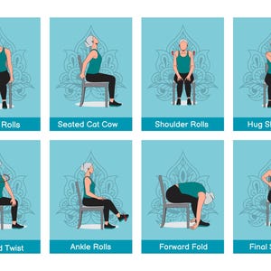 20 Stuhl Yoga Pose Karteikarten Sauna Stretch Chart 30 Tage Workout Challenge PDF Übung Senior Rollstuhl Pflegeheim Physiotherapie