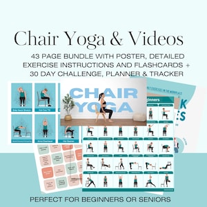 Könnte beinhalten: Ein Paket mit Stuhlyoga-Ressourcen, darunter ein Poster, detaillierte Übungsanleitungen, Karteikarten, eine 30-Tage-Challenge und ein Planer. Das Bild zeigt Illustrationen von Yoga-Posen und den Text "Chair Yoga & Videos."