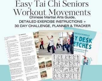 Póster de ejercicios fáciles de Tai Chi para personas mayores. Terapia de artes marciales chinas. Equilibrio en casa. Tabla de ejercicios de autodesafío de 30 días. Descargar PDF.