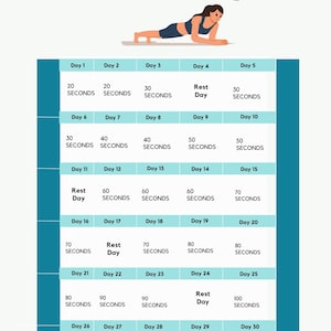 May include: A 30-day plank challenge chart with a cartoon illustration of a person doing a plank exercise. The chart shows the number of seconds to hold the plank pose each day, with rest days included.
