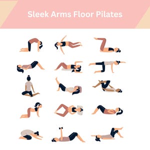 Könnte beinhalten: Illustration mit dem Text "Sleek Arms Floor Pilates" oben. Das Bild zeigt eine Reihe von 12 Posen, die jeweils eine Person bei verschiedenen Bodenübungen darstellen. Die Posen sind in einem minimalistischen Stil gehalten, mit Figuren in aktiven Positionen.