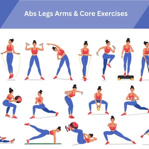 May include: A set of 17 illustrations showing different exercises for the abs, legs, arms, and core. The illustrations feature a woman in a red tank top and blue leggings performing each exercise. The exercises include using weights, resistance bands, a jump rope, a medicine ball, and a step platform.