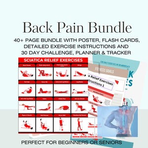 Könnte beinhalten: Ein Paket zur Linderung von Rückenschmerzen, einschließlich Poster, Karteikarten, detaillierten Übungsanleitungen, einer 30-Tage-Challenge und einem Planer. Das Paket enthält Übungen zur Linderung von Ischiasbeschwerden und Fitnesszielen.