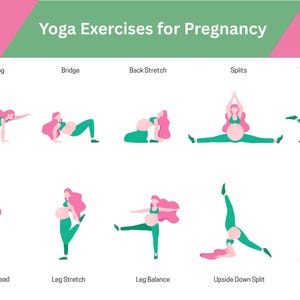 May include: Illustration of a pregnant woman performing different yoga poses, including Bird Dog, Bridge, Back Stretch, Splits, Table Top, Arms Overhead, Leg Stretch, Leg Balance, Upside Down Split, and Breathe of Fire. The poses are labeled with their names.