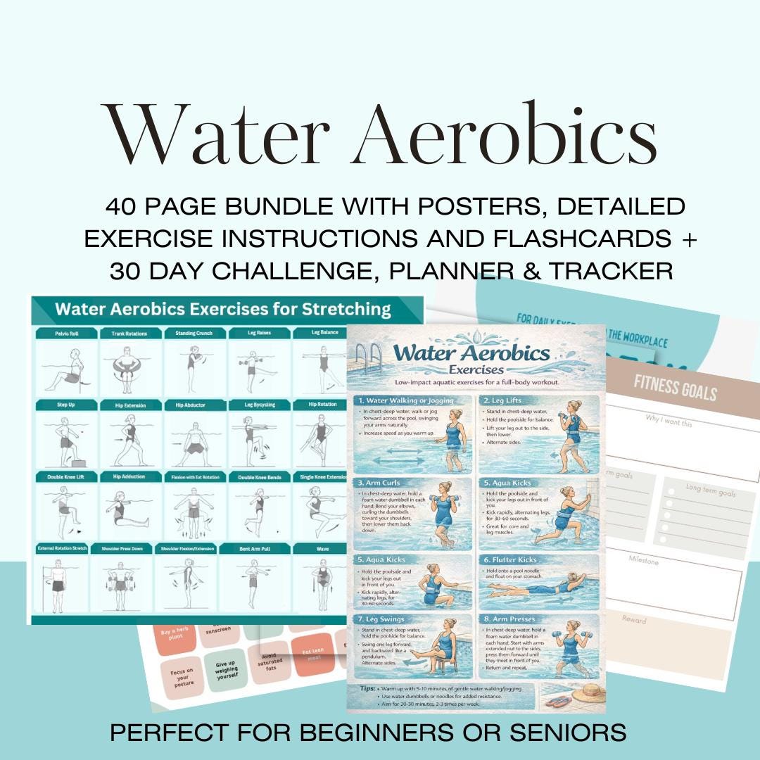 24 Water Aerobics Aqua Fitness Exercise Cards Stretches Pdfs Water ...