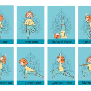 Può includere: Un'illustrazione di una donna che dimostra otto diverse pose di yoga. Le pose sono: la posa della preghiera, la posa dell'albero, la candela, la sedia, la posa delle mani alzate, la posizione di affondo, il guerriero 1 e il guerriero 2.