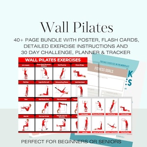 15 muurpilates Geen apparatuur Yoga-oefeningen Rekken Muziek Workout Uitdaging Stretch Flashcards Afdrukbaar Thuisworkout Lichamelijke fitness PDF