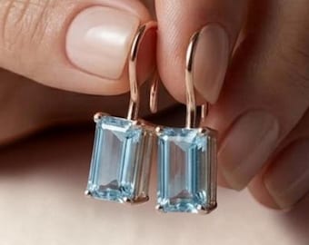 14K Rose Gold Aquamarine Earrings, Emerald Cut Dangle Drop Earrings, Genuine Blue Aquamarine, March Birthstone Gift for Her, Bridal Earring