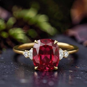 Könnte beinhalten: Ein goldener Ring mit einem großen, oval geschliffenen Rubin. Der Rubin hat eine tiefe rote Farbe und wird von kleineren, klaren Edelsteinen auf beiden Seiten flankiert. Der Ring ist vor einem dunklen Hintergrund platziert.