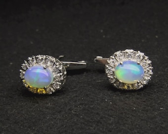 Fire Opal Stud Earrings, 925 Silver Earring, Natural Ethiopian Opal Oval Cabs Earring, Opal Statement earring, Minimalist Handmade earring