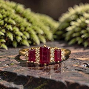 14K Solid Gold Ruby Ring, Radiant Cut Three Stone Ring, July Birthstone Ring, Minimalist Engagement Ring, Handmade Fine Gold Jewelry