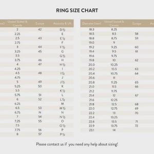 May include: Ring size chart with millimeter, United States & Canada, Europe, and Australia & UK measurements. Includes a conversion table for ring diameters from 13.3mm to 23.1mm, with corresponding sizes.