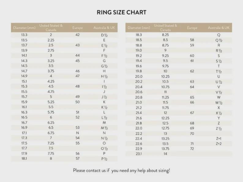 May include: Ring size chart with millimeter, United States & Canada, Europe, and Australia & UK measurements. Includes a conversion table for ring diameters from 13.3mm to 23.1mm, with corresponding sizes.