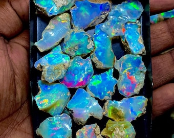 May include: A collection of raw opal gemstones, showcasing vibrant flashes of blue, green, and red. The opals are displayed in a black tray, revealing their natural, rough textures and iridescent play-of-color. The opals vary in size and shape.