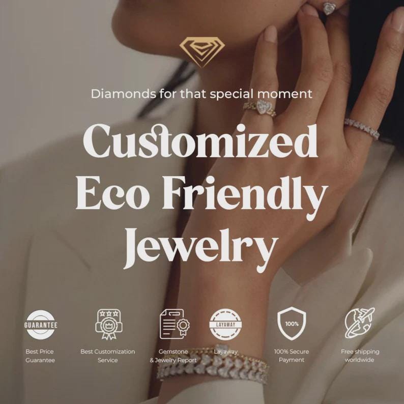 May include: Image featuring rings and a bracelet, with the text "Customized Eco Friendly Jewelry." The image also includes the text "Diamonds for that special moment." Additional icons indicate guarantees, customization, gemstone reports, layaway, secure payment, and free shipping.