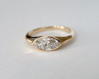 Bezel Set Ring, East West Marquise Cut Moissanite Diamond Engagement Ring, 14K Solid Gold Ring, Marquise Solitaire Ring, Promise Ring