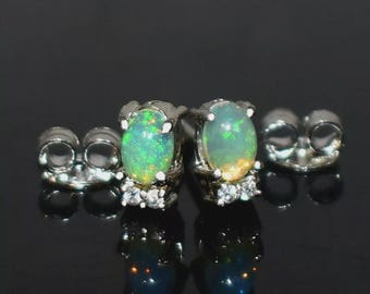 Fire Opal Stud Earrings, 925 Silver Earring, Natural Ethiopian Opal Oval Cabochon Earring,Opal Statement earring,Minimalist Handmade earring