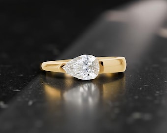 Anillo con engaste de bisel, anillo de compromiso con diamantes de moissanita de corte pera Este-Oeste, anillo de oro macizo de 14 quilates, anillo solitario de pera, anillo de promesa