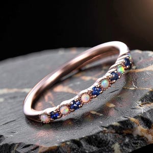 4K Gold Opal Sapphire Ring, Dainty Wedding Band, Minimalist Stacking Ring, Blue Sapphire Opal Jewelry, Handmade Anniversary Gift for Her