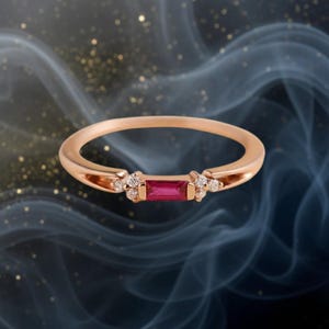 Ruby Baguette Ring, 14K Rose Gold, Moissanite Diamond Ring, Dainty Stacking Birthstone Ring, Anniversary Gift,  Handmade Minimalist Jewelry