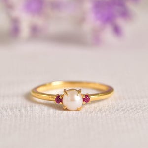 14K Gold Pearl Ring with Ruby Accents - Freshwater Pearl & Pink Ruby Delicate Stacking Ring, Minimalist Women Ring, Handmade Wedding Ring