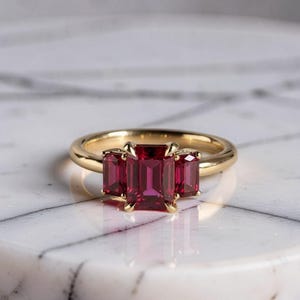 14K Solid Gold Red Ruby Ring, Emerald Cut Three Stone Ring, July Birthstone Ring, Minimalist Engagement Ring, Handmade Fine Gold Jewelry