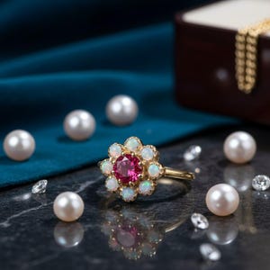May include: A gold ring featuring a central round-cut deep pink gemstone surrounded by a halo of eight small round white opals. The ring is displayed alongside several loose white pearls and small clear faceted stones on a dark surface.