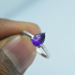 Purple Amethyst Gemstone Ring, 925 Sterling Silver Ring, Women Statement Ring, Handmade February Birthstone Ring, Pear Cut Minimalist Ring