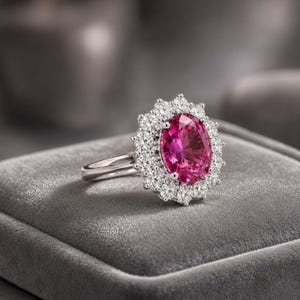 14K White Gold Red Oval Cut Ruby With Diamond Halo Engagement Ring, ,Vintage Style Wedding Ring, Anniversary Gift for Her,Fine Gold Jewelry