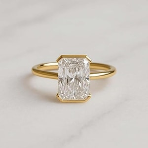 2CT Radiant Cut Moissanite Solitaire Ring, 14K Solid Gold Minimalist Bezel Set Engagement Ring, Modern Classic Wedding Jewelry Gift For Her