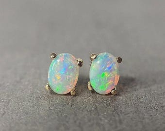 Fire Opal Stud Earrings, 925 Silver Earring, Natural Ethiopian Opal Oval Cabochon Earring,Opal Statement earring,Minimalist Handmade earring