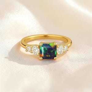 14K Yellow Gold Black Opal Ring, Square Cut Black Opal Engagement Ring, Moissanite Side Stone Ring, Unique Opal Promise Ring for Women