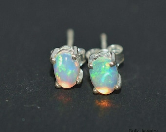 Fire Opal Stud Earrings, 925 Silver Earring, Natural Ethiopian Opal Oval Cabochon Earring,Opal Statement earring,Minimalist Handmade earring