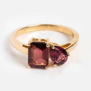 Natural Garnet Ring, 14K Gold Two Stone Ring, Rectangle & Pear Shape Garnet Jewelry, Handmade Gemstone Ring, Statement Ring Gift for Her