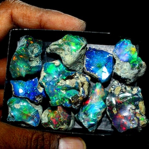 May include: A collection of rough, natural opal gemstones in various shades of green, blue, and red. The opals are displayed in a black box.