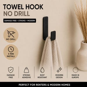 Crochet porte-serviettes noir sans perçage | Porte-serviettes de bain à 1 crochet | Support mural adhésif pour crochets | Accessoire de salle de bain noir moderne