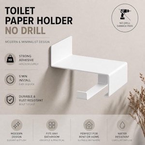 May include: A white toilet paper holder with a no-drill adhesive mounting system. The product features a flat top shelf and a horizontal arm for holding a roll. Text on the image includes TOILET PAPER HOLDER, NO DRILL, and various icons.