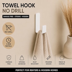 Portasciugamani bianco senza foratura / 1 gancio per asciugamani da bagno / Gancio adesivo da parete / Accessorio da bagno moderno bianco