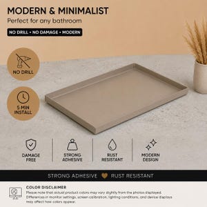 Könnte beinhalten: Ein rechteckiges, taupefarbenes Tablett mit erhöhten Rändern. Das Bild enthält den Text: MODERN & MINIMALIST, Perfect for any bathroom, NO DRILL, NO DAMAGE, MODERN, 5 MIN INSTALL, DAMAGE FREE, STRONG ADHESIVE, RUST RESISTANT, MODERN DESIGN, COLOR DISCLAIMER.
