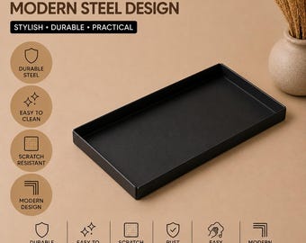 Czarna tacka łazienkowa | Nowoczesna stalowa tacka toaletowa | Minimalistyczny organizer łazienkowy | Tacka ze stali malowanej proszkowo | Dekoracja blatu łazienkowego | 9 x 20 cm