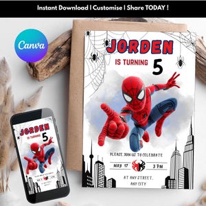 Bearbeitbare Spiderman Einladung | Spiderman Geburtstagsparty einladen | Spinnenmann Mobile Einladen | Bearbeitbar mit Canva | Sofortiger Download