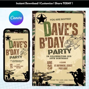 Invitations modifiables de fête d'anniversaire militaire Invitation d'anniversaire de l'armée camouflage Invitation d'anniversaire de soldat Modèle de toile modifiable d'invitation militaire