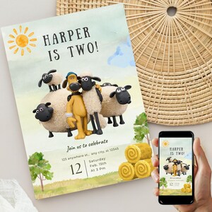 Bewerkbare Shaun het Schaap verjaardagsuitnodiging schapen aangepaste partij Evite Shaun het schaap verjaardag mobiele video Instant Download digitale sjabloon